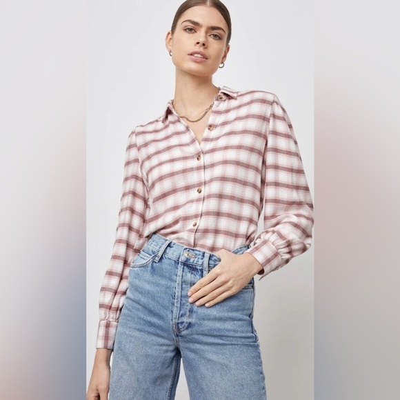 Rails Angelica puff sleeve flannel Shirt Mauve Rose Iron plaid. Women’s size S. - Picture 1 of 8